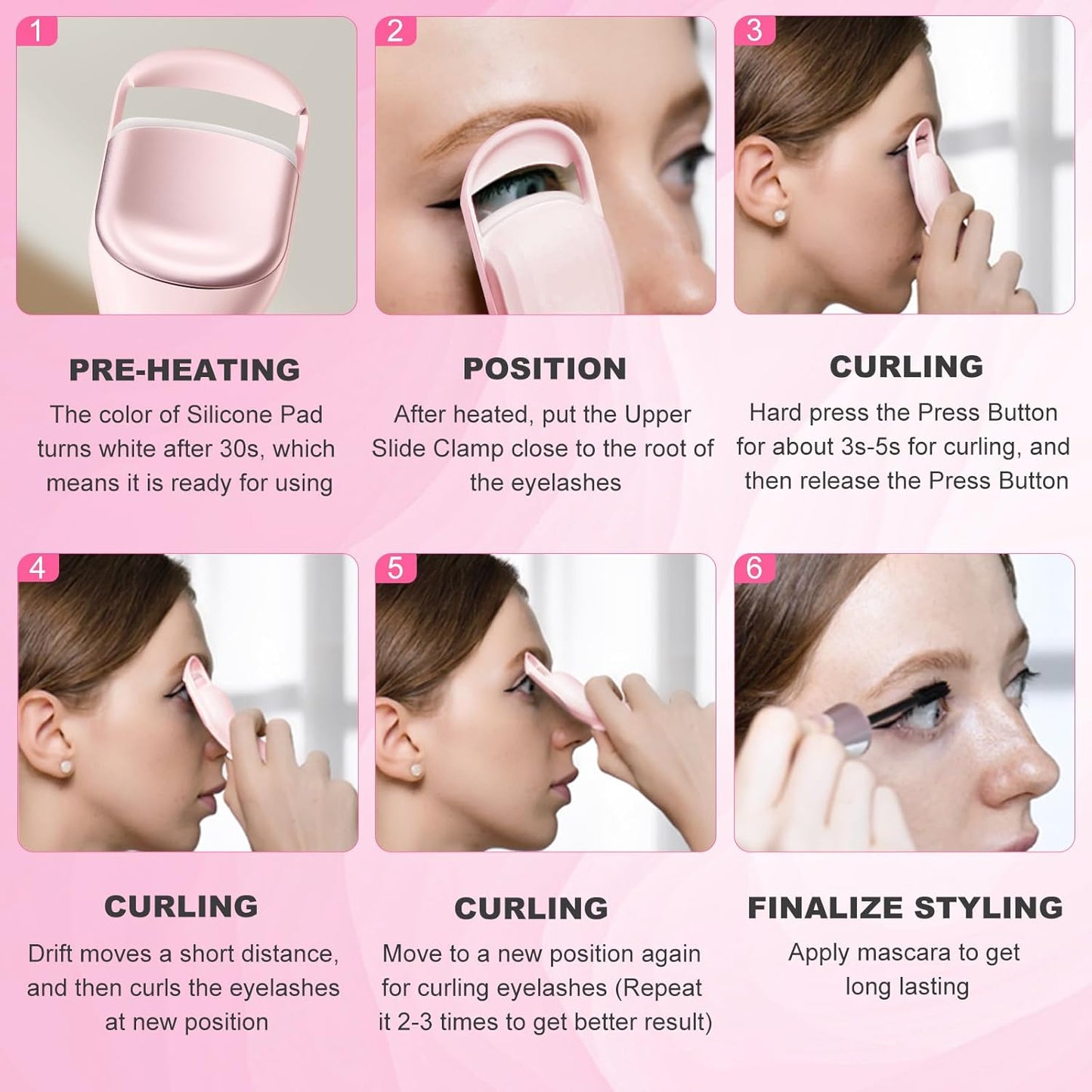 Heated Eyelash Curler Professional - Eye Lashes Curler with Innovative Heating Silicone, Electric Eyelashes Curler with 600mAh Rechargeable Battery EC4001 (Pink)