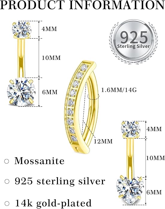 Kosuwo Mimosa Stone 925 Sterling Silver Navel Ring Women's Navel Piercing Jewelry Hypoallergenic Sterling Silver Navel Ring Cute Navel Piercing Ring 3-Piece Set