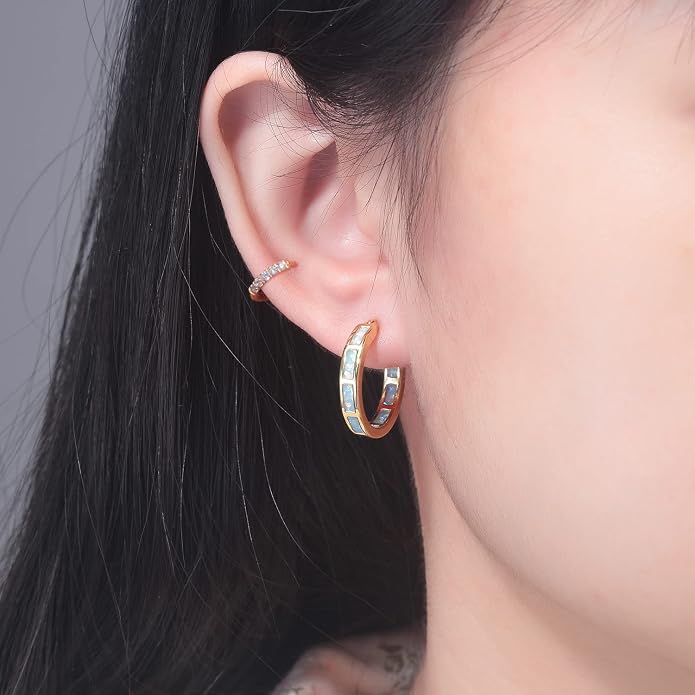 CiNily Sterling Silver/Rose Gold/Yellow Gold Plated Hoop Earrings 20mm,Multicolor Opal Small Hoop Earrings for Women Girls Hypoallergenic Jewelry for Sensitive Ears Gemstone Earrings
