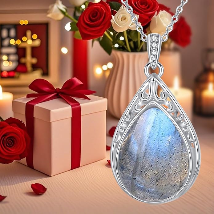 HPQQ Teardrop Necklace 925 Sterling Silver Filigree Gemstone Pendant Necklace Fine Jewelry Birthday Mother's Day Gifts for Women Her Mom