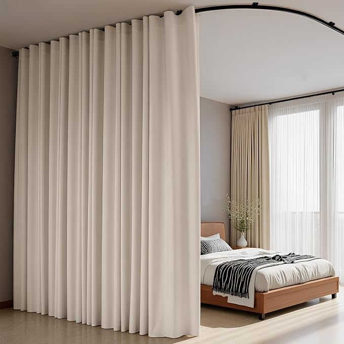 Room Divider Curtains Flexible Ceiling Tracks Set Curtain Track Ceiling Mount Blackout Curtain for Living Room Bedroom Ceiling Curtain Rod Privacy Dividers Panels W120 x H96 Beige Drape & Black Rail