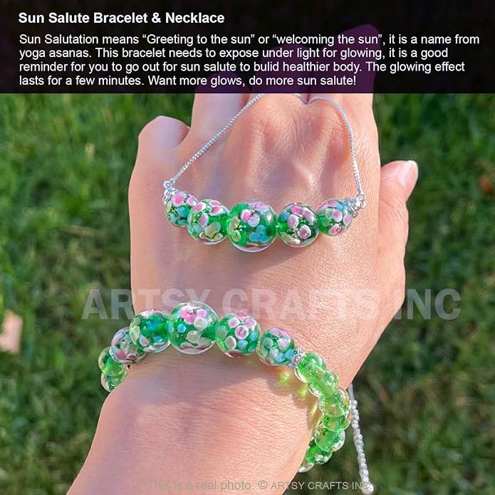ARTSY Crafts Lily Garden Glow in the Dark Firefly Bead Bracelets Necklaces, Handmade in USA Murano Glass Jewelry, Flower Luminous Beads Mermaid Crystal Bracelet Bangle