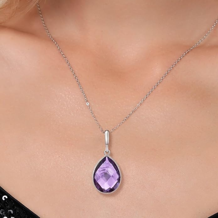 Gem Stone King 6.50 Cttw Amethyst Teardrop Pendant Necklace For Women | 925 Sterling Silver | Pear Shape 16X12MM | Gemstone Birthstone | With 18 Inch Silver Chain