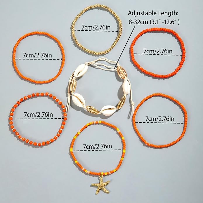 7 Pack Boho Beaded Shell Anklet Bracelets for Women Colorful Stretch Cowrie Seashell Starfish Ankle Bracelet Stack Adjustable Summer Beach Accessories Cute Hawaiian Jewelry