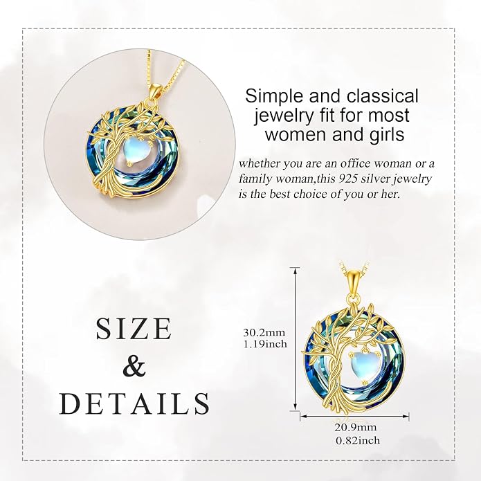 POPLYKE Mothers Day Gifts for Mom Her Wife Tree of Life Necklace 925 Sterling Silver Birthstone Pendant with Crystal Anniversary Birthday Wedding Jewelry for Women