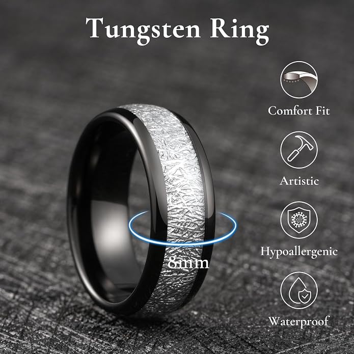 King Will Tungsten Rings for Men Meteorite Carbon Fiber Wood Inlay Mens Wedding Engagement Band Domed Polished