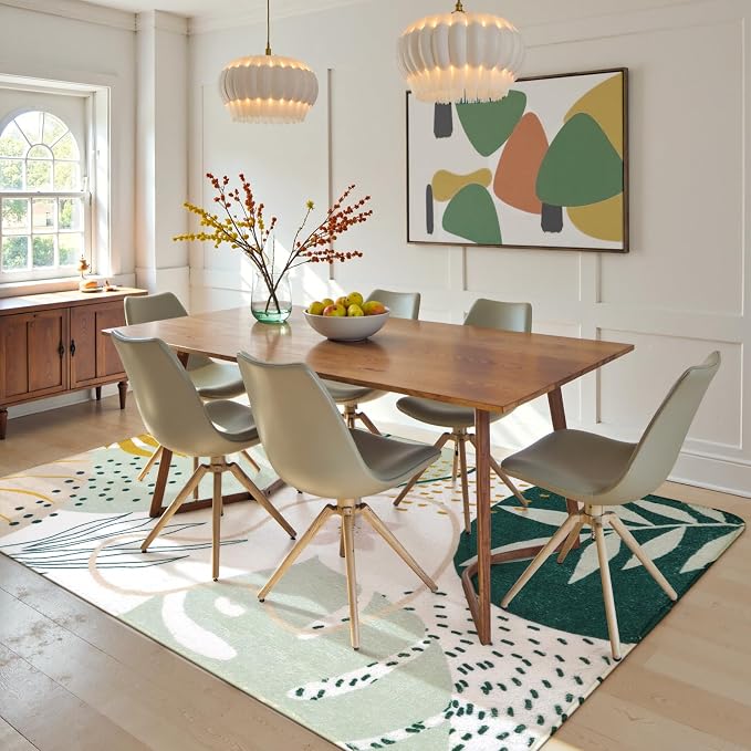 Lahome Green Machine Washable Rugs - 6x9 Rug for Living Room Non-Slip Large Boho Area Rug Lightweight Throw Non-Shed Dining Room Rug, Soft Botanical Print Floor Carpet for Bedroom Classroom Office