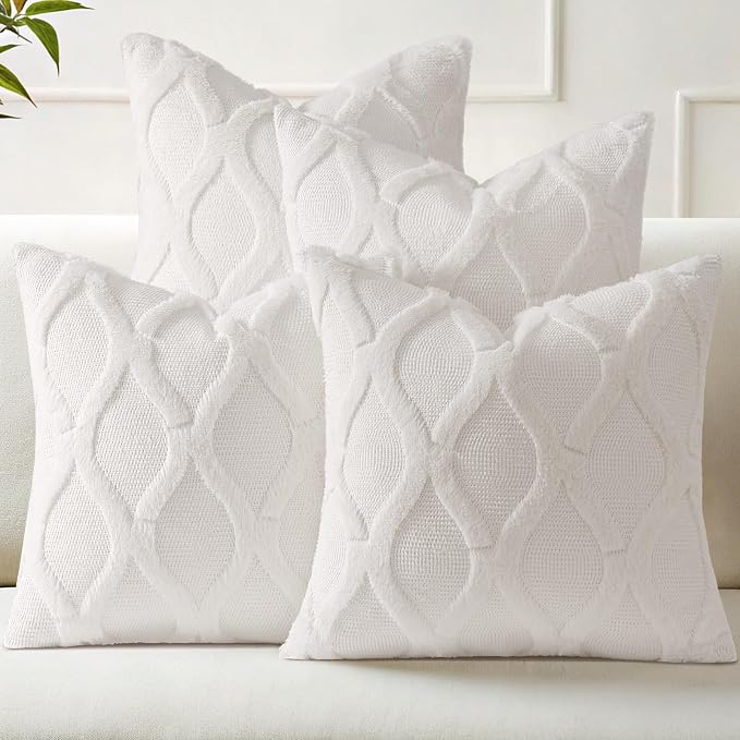 decorUhome Set of 4 Faux Fur Cream White Throw Pillow Covers 20x20 | Neutral Decorative Soft Plush Couch Pillow Covers, Farmhouse Pillow Cases for Living Room Bed Sofa