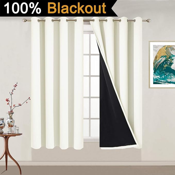 Yakamok Cream 100% Blackout Curtains 54 Inches Long for Bedroom 52" Wide | Blackout Curtain Panels for Bedroom, 2 Thick Layers Grommet Top Thermal Insulated Drapes with Black Liner for Living Room