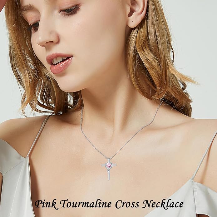 TOUPOP Birthstone Cross Necklace for Women 925 Sterling Silver Heart Cross Pendant Necklace Mothers Day Birthday Jewelry Gifts for Mom Wife Her