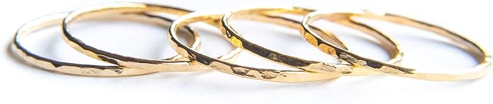 Ellie J Maui Hammered Ring, 1mm Thin Stacking Rings, Minimalist Rings for Women, 14K Gold Filled Rings for Teen Girls Midi Knuckle Pinky Finger Jewerly (Size 3-11)