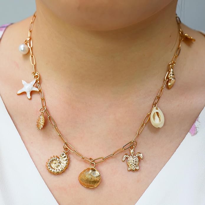 14K Gold Plated Paper Clip Chain Link Necklace Satellite Cross Key Starfish Turquoise Heart Necklace for Women