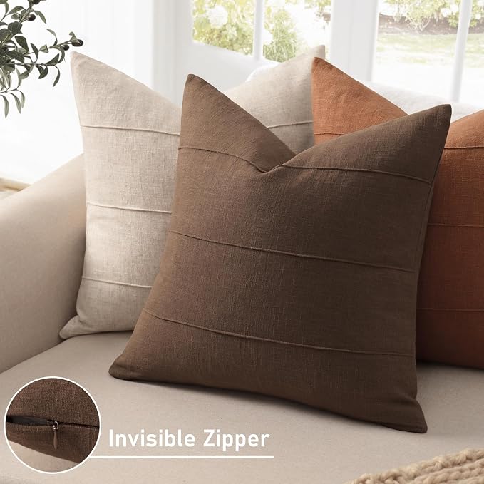 ZWJD Decorative Linen Throw Pillow Covers 22x22 Set of 2 Solid Handcrafted Striped Cushion Covers for Bed Soft Modern Farmhouse Neutral Pillowcase for Couch Bedroom Living Room Home Decor(Brown)