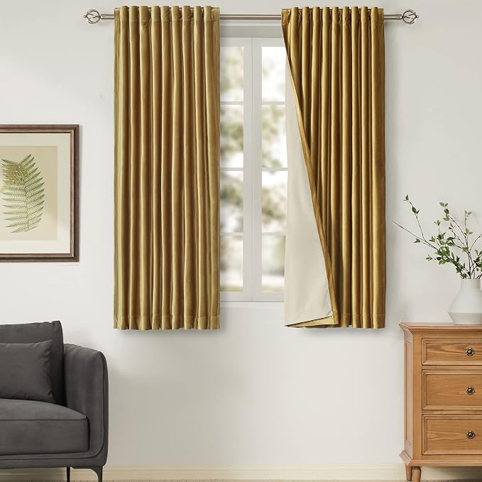 100% Blackout Gold Velvet Curtains 63 inches for Living Room,2 Panels Rod Pocket Back Tab Thermal Insulated Room Darkening Curtain with Liner Heavy Noice Reducing Soundproof Window Drapes for Bedroom