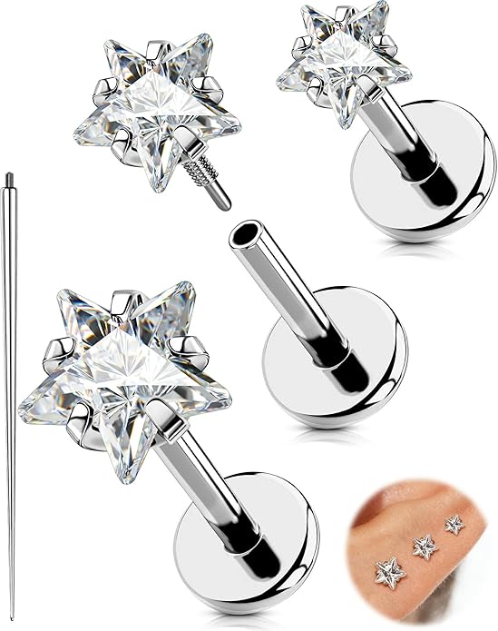 OUFER 18G 6/7/8MM Flat Back Cartilage EarRings-3PCS Gold Titanium Extended Internally Threaded Lip Piercing 2/3/4MM Round Clear CZ Helix Piercing Jewelry