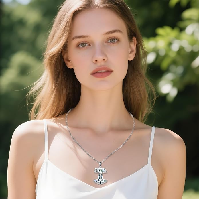 Mjolnir Necklace 925 Sterling Silver Thors Hammer Necklace Tree of Life Pendant Norse Pagan Viking Jewelry for Men Women
