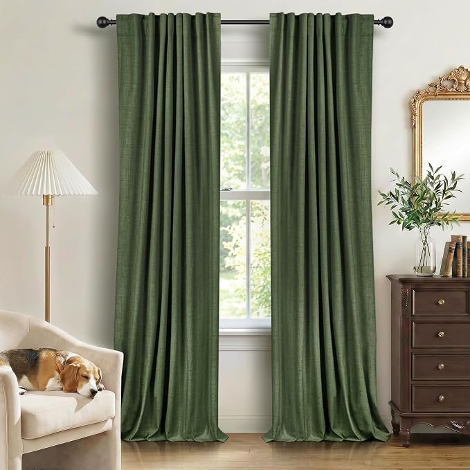 100% Blackout Shield Linen Blackout Curtains for Bedroom 84 Inches Long, Back Tab/Rod Pocket Living Room Drapes, Thermal Insulated Blackout Curtains 2 Panels Set, 50" W x 84" L, Moss Green