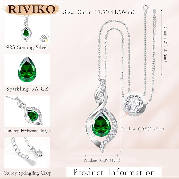 RIVIKO Valentines Day Gifts for Her-Infinity Birthstone Necklace for Women,925 Sterling Silver Teardrop Necklace, Womens Jewelry Birthday Gifts for Women Friend Her Mom Wife Lady