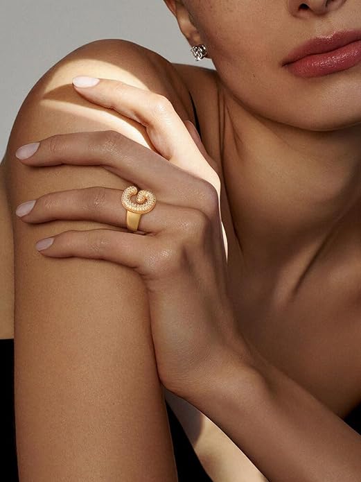 FindChic Initial Ring for Women, Gold Plated Chunky Letter Rings Open Adjustable Trendy Sparkling Cubic Zirconia Personalized Statement Rings Jewelry Gift