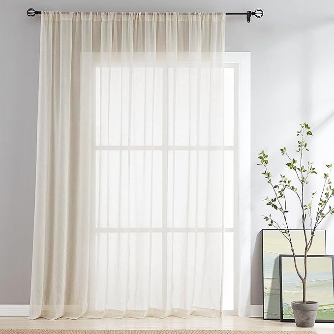 FMFUNCTEX Beige Flax Linen Sheer Curtains 84 Inch Long Extra Wide 1 Panel | Extra 100 Wide Sliding Glass Door Window Curtain, Semi Sheer Drapes for Patio, Bedroom and Living Room Privacy Rod Pocket