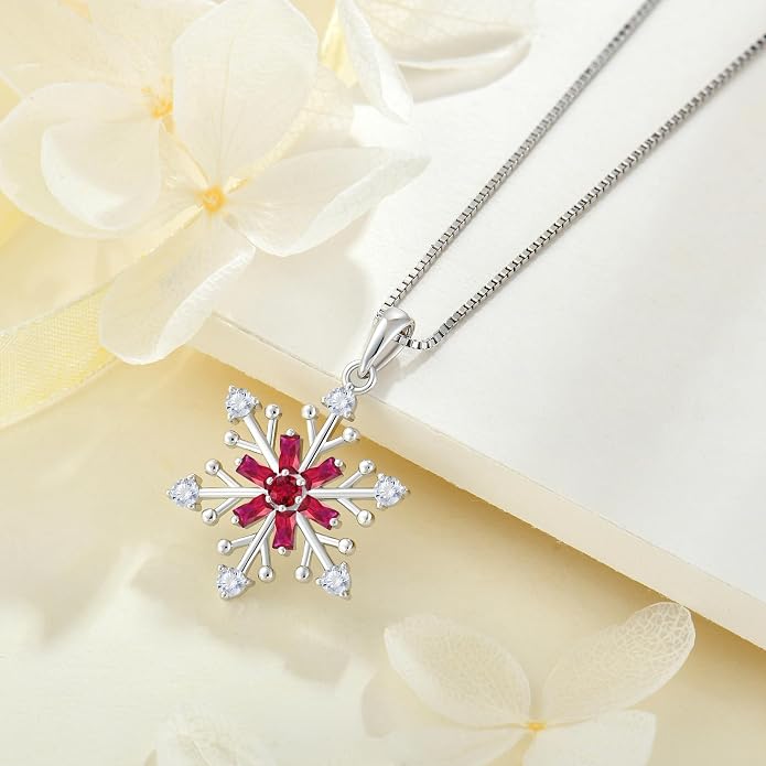 925 Sterling Silver Snowflake Necklace Birthstone Snowflake Pendant Necklaces for Women Cubic Zirconia Christmas Jewelry