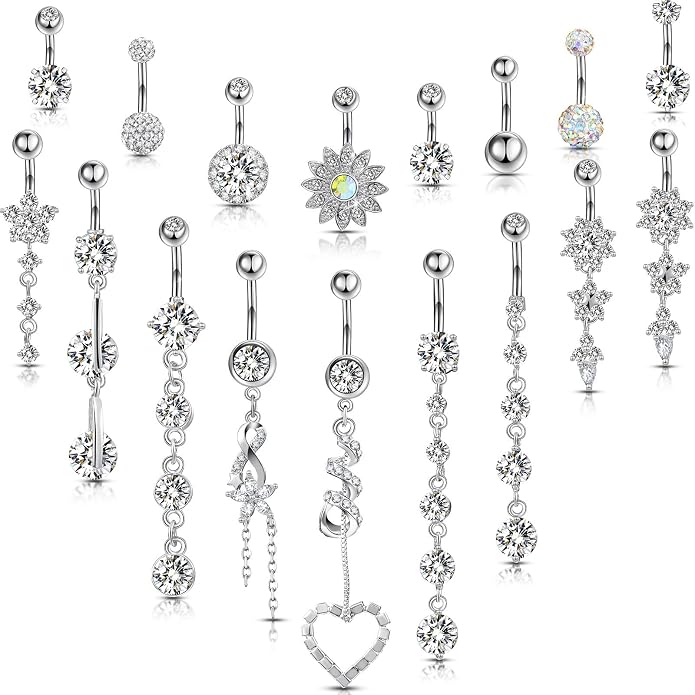 Yaomiao 18 Pcs 14G Stainless Steel Belly Button Ring Rhinestone Heart Dangle Belly Button Rings for Women
