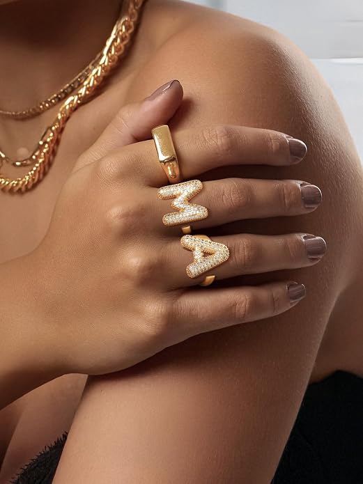 FindChic Initial Ring for Women, Gold Plated Chunky Letter Rings Open Adjustable Trendy Sparkling Cubic Zirconia Personalized Statement Rings Jewelry Gift
