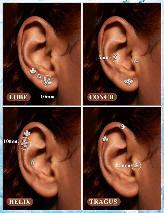 16G Astm F136 Titanium Internal Thread Flat Back Earrings Nose Studs Tragus Forward Helix Conch Cartilage Lobe Earrings Stud Medusa Labret Monroe Lip Ring Piercing Jewelry For Women Men