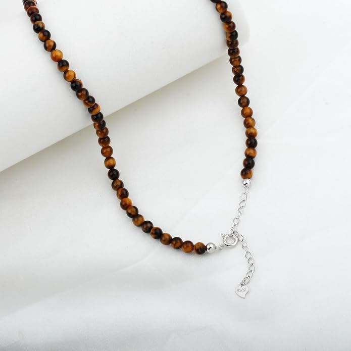 Kakikaki Natural Agate Choker Necklace Sterling Silver Round Beads Strand Necklace for Women