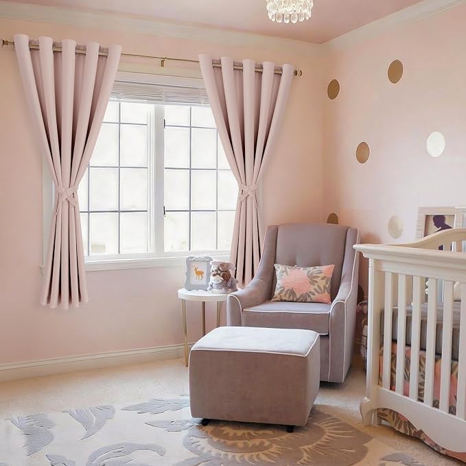 Hiasan Blackout Curtains for Bedroom, 60 x 63 Inches Length - Thermal Insulated Noise reducing Window Curtains for Living Room, 2 Drape Panels Sewn with Tiebacks, Blush