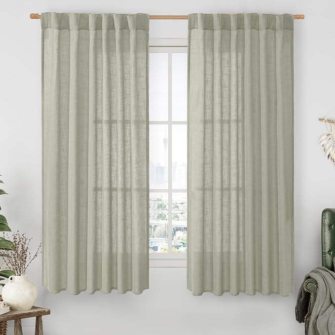 LAMIT Sage Grey Semi Sheer Linen Curtains 60 Inch, Light Filtering Neutral Window Panels Farmhouse Boho Back Tab and Rod Pocket Drapes for Bedroom, 2 Panels, 52 x 60 Inch
