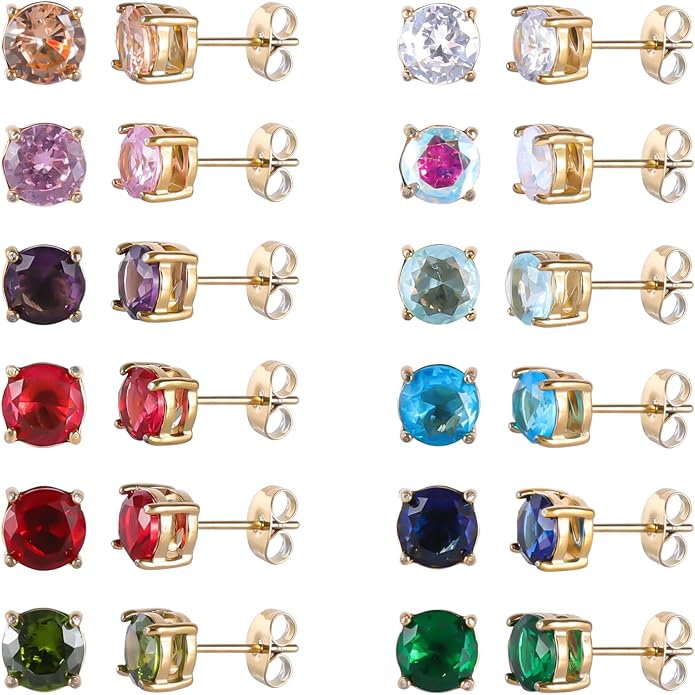 12 Pairs Surgical Stainless Steel Round Birthstone Multi Colored Cubic Zirconia Stud Earrings Set