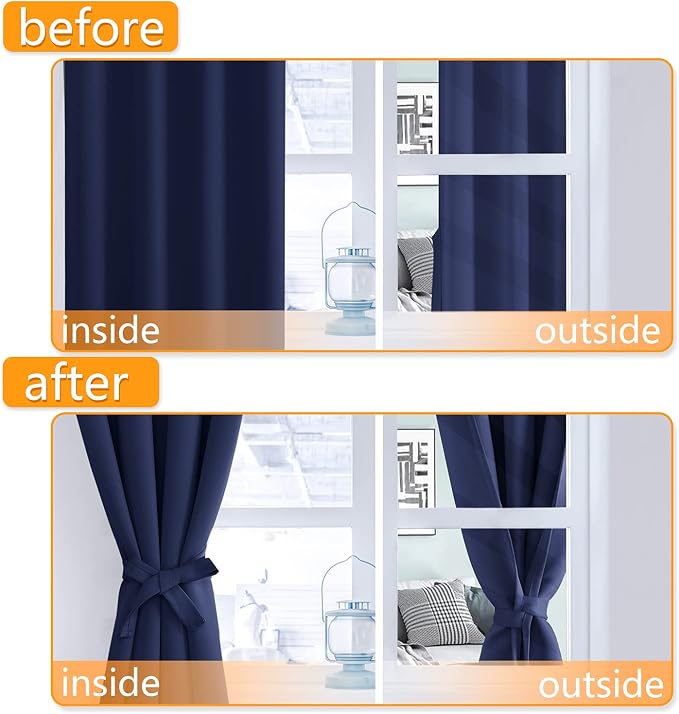 Hiasan Blackout Curtains for Bedroom - Thermal Insulated & Light Blocking Window Curtains for Living Room/Kids Room, 2 Drape Panels Sewn with Tiebacks, Navy Blue, 52 x 45 Inch