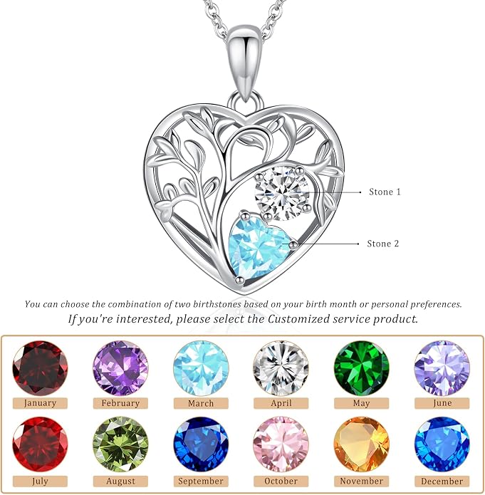 Tree of Life Birthstone Necklace Birthday Gifts 925 Sterling Silver Heart Pendant Birthstone Necklaces for Women Personalized 2 Gemstone Anniversary Graduation Gifts for Her Wife Mom