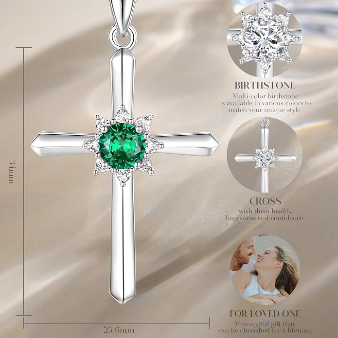 FANCIME Birthstone Cross Necklace for Women Sterling Silver Birthstone Necklace Halo Infinity Cross Pendant Necklace Fine Jewelry Valentines Day Gifts Birthday Holiday Gifts for Her, 16"+2" Inches