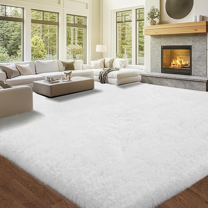 10x12 White Shag Area Rug for Living Room - Soft Fluffy Carpet | Ultra Soft Plush Pile - Pure Bright White Hue - Stays Firmly in Place - Instantly Brightens Any Room