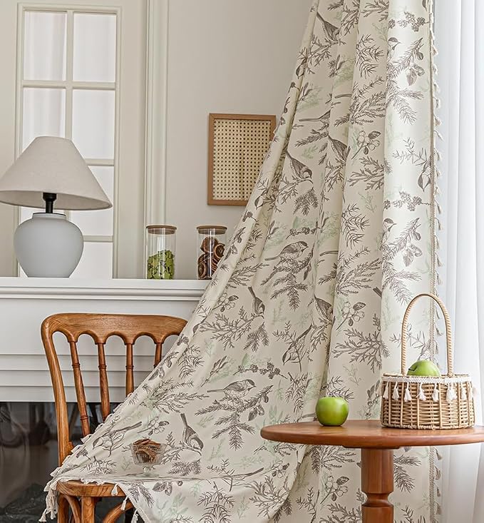 Bird Botanical Curtains 96 Inches Long, Boho Farmhouse Light Filtering Rod Pocket Drapes with Tassel Trim for Bedroom Living Room, 2 Panels