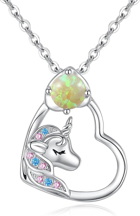 CDE Christmas Gift for women Cute Unicorn Birthstone Necklace for Girls Daughter 925 Sterling Silver Opal Heart Pendant Graduation Birthday Christmas Jewelry Gift for Teenage Girls Niece