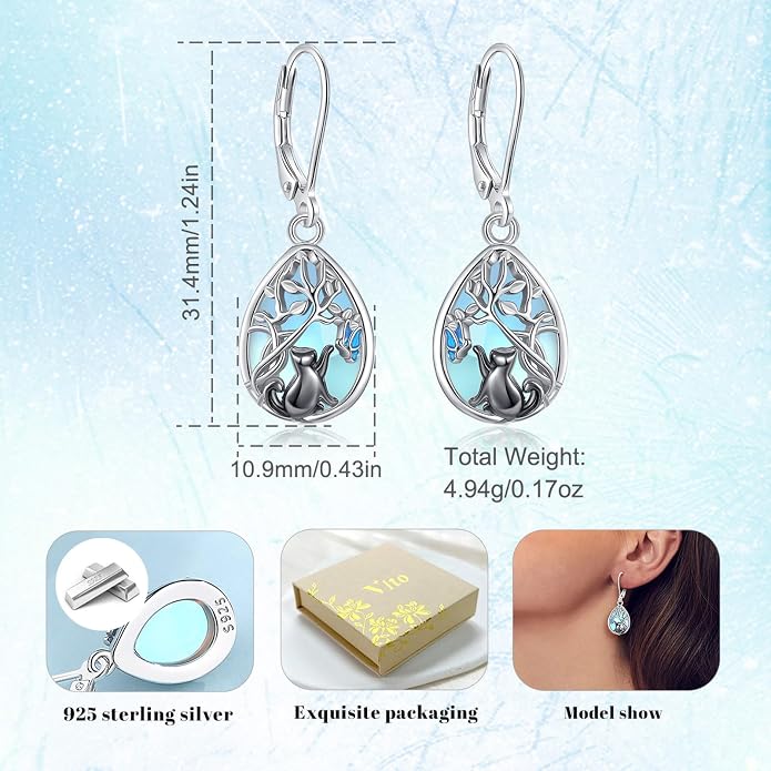 Vito 925 Sterling Silver Teardrop Earrings for Women, Moonstone Turquoise Drop Dangle Earrings Cat Snake Turtle Tree of Life Leverback Earrings Boho Jewelry Gift for Mom Wife