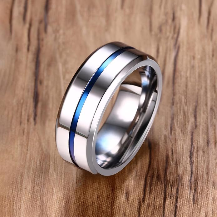 MMTTAO Men's Titanium Ring Wedding Bands for Men Women 6MM 8MM 10MM Black/Blue/Silver Engagement Band Wedding Rings Beveled Edge Brushed Matte Finished & Polished Grooved Center Comfort Fit Size 6-13
