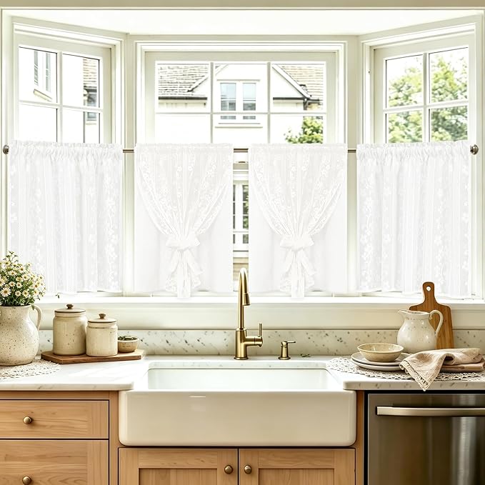 ASPMIZ Linen Kitchen Curtains Double Layer Kitchen Window Curtains Over Sink 36 Inch Length White Tier Curtain Light Filtering, Rod Pocket Cafe Curtain Short Window Treatments with 2 Tiebacks, 26x36