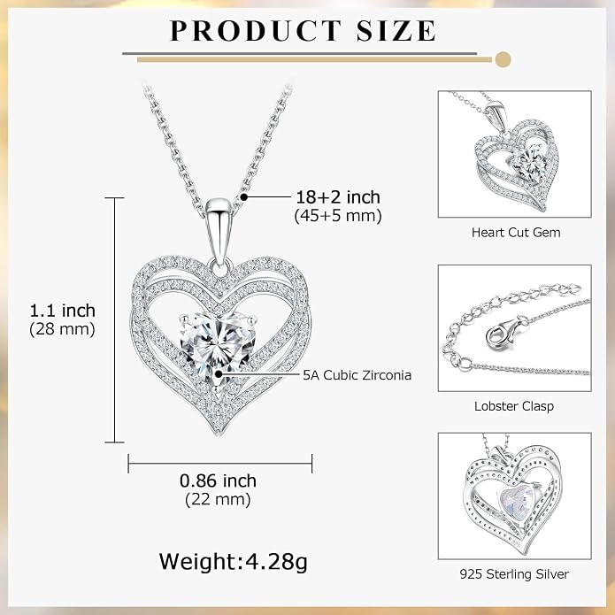 Anniversary Charm Necklace, Sterling Silver 14K Gold Plated Chain with Interlocking Heart Pendant Elegant Birthstone Necklaces for Women, Length 18"