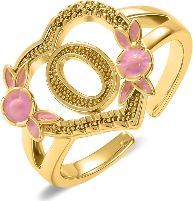Gold Initial Rings for Women - Non Tarnish Dainty 14K Gold Plated Heart Adjustable Letter Rings for Women, Stackable Cute Thumb Pinky Fashion Open Simple Birthday Gifts Jewelry