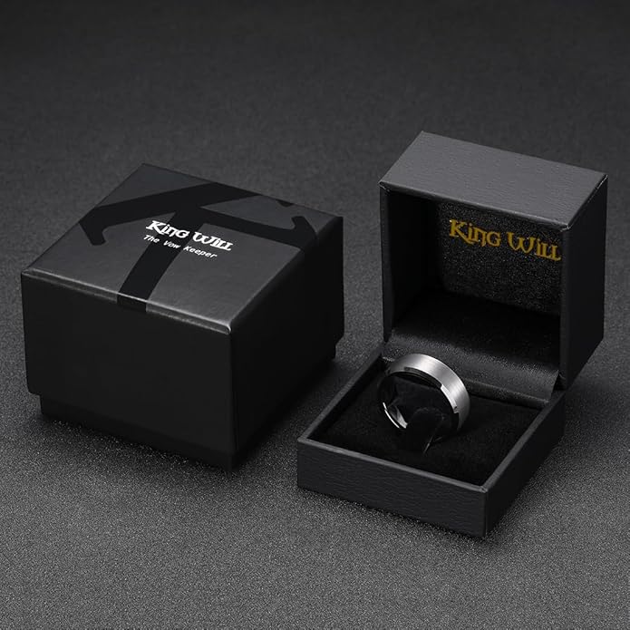 King Will Tungsten Men's Wedding Ring - Available in 6mm to 10mm, Black/Silver, Matte Finish, Beveled Polished Edge, Comfort Fit