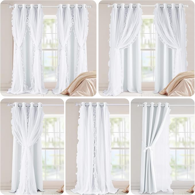 PONY DANCE 100% Blackout Curtains for Girl's Bedroom, Double Layer Grommet Curtain 84 inch Long with Sheer Overlay for Living Room, Nursery Kids Toddler Room Decor, White, 52" W x 84" L, 2 Panels