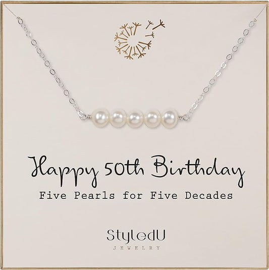 Pearl Birthday Necklace for Women, Sterling Silver Freshwater Pearl Bar Necklace, 30th 40th 50th 60th 70th Milestone Birthday Gift for Her, Meaningful Handmade Jewelry