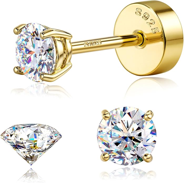 GEMQUEEN Moissanite Earrings Studs : 18K Gold Plated Solid 925 Sterling Silver Stud Earring for Women Men Hypoallergenic Dainty Moissanite Jewelry for Sensitive Ears Round Cut D Color VVS1 2-7.5mm