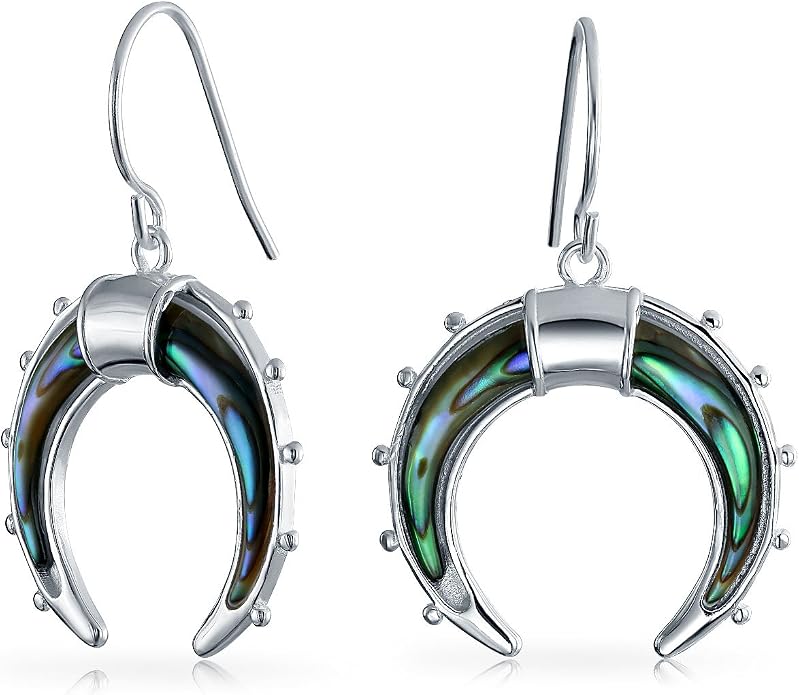 Bling Jewelry Boho Celestial Blue Green Rainbow Iridescent Tribal Half Crescent Moon Abalone Shell Dangle Earrings For Women For Teen .925 Sterling Silver Fish Wire Hook