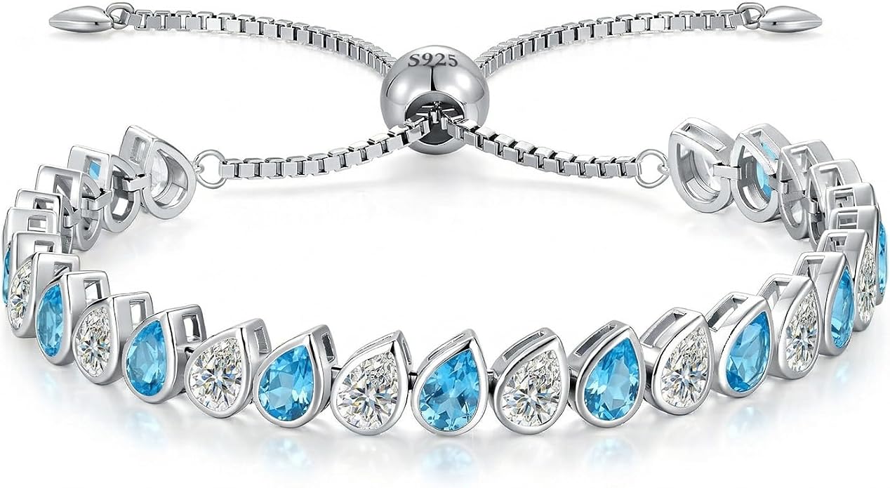 Birthstone Tennis Bracelet for Women 925 Sterling Silver Pear Shaped Gemstone Inlaid White Gold Plated Adjustable Chain Gifts for Mom Wife