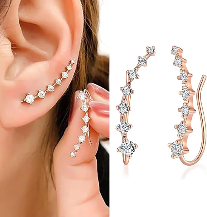 Climber Earrings for Women Ear Crawler Earrings Rose/White/Yellow Gold Plated Cubic Zirconia Birthstone Earring Gifts for Women